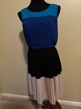 Calvin Klein Pleated Colorblock Dress in Teal, Royal Blue, Black & Cream
